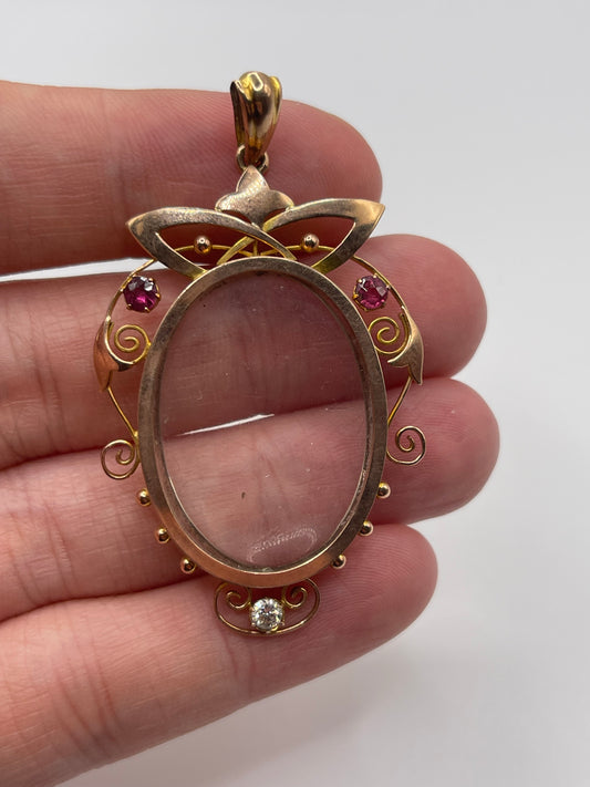 Antique 9ct rose gold garnet and diamond locket / pendant