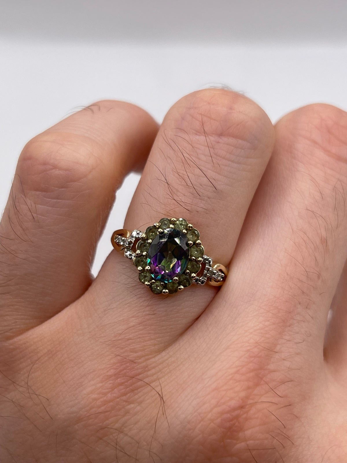 9ct gold mystic topaz, quartz and diamond ring