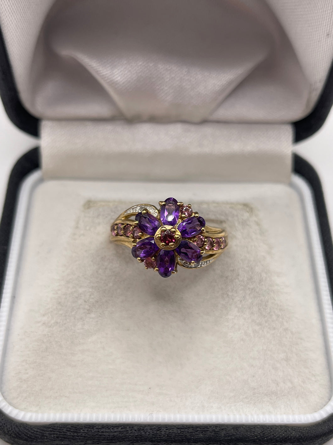 9ct gold amethyst, topaz and diamond ring