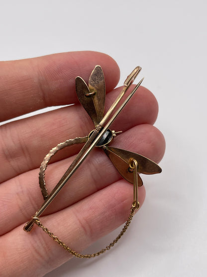 Antique 9ct rose gold opal dragonfly brooch