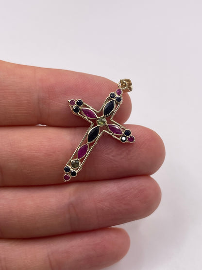 9ct gold sapphire, ruby and quartz cross pendant