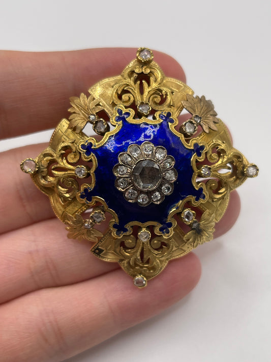 Antique 18ct gold enamel and diamond brooch