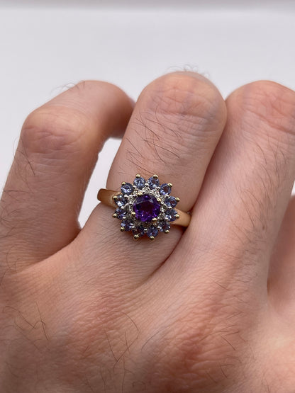 9ct gold amethyst, tanzanite and diamond cluster ring