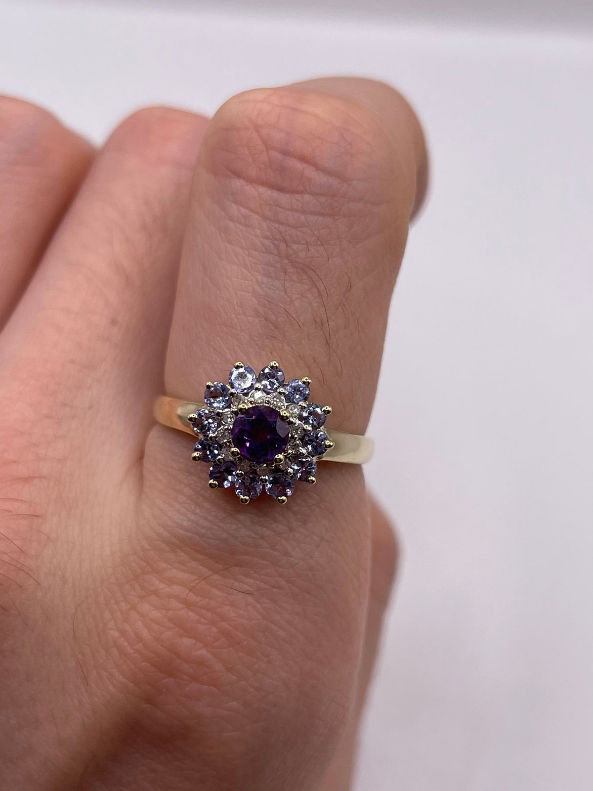 9ct gold amethyst, tanzanite and diamond ring