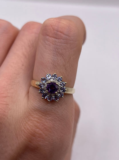 9ct gold amethyst, tanzanite and diamond ring