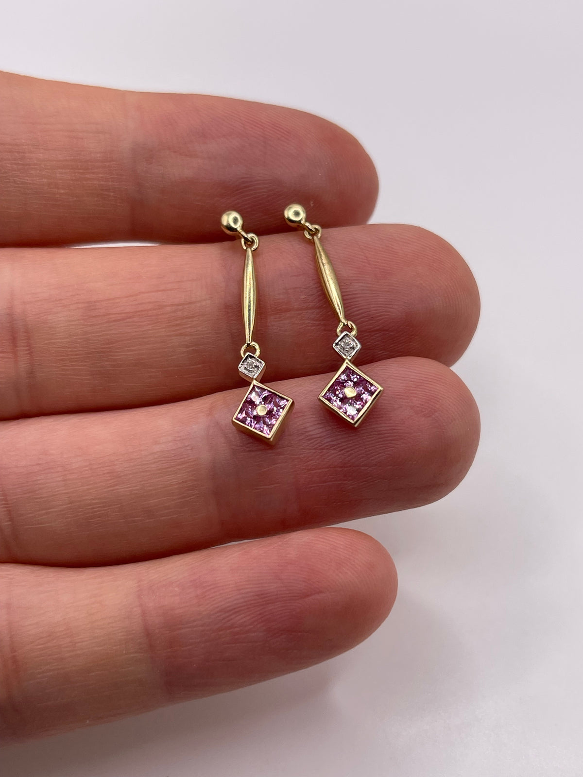 9ct gold pink sapphire and diamond earrings