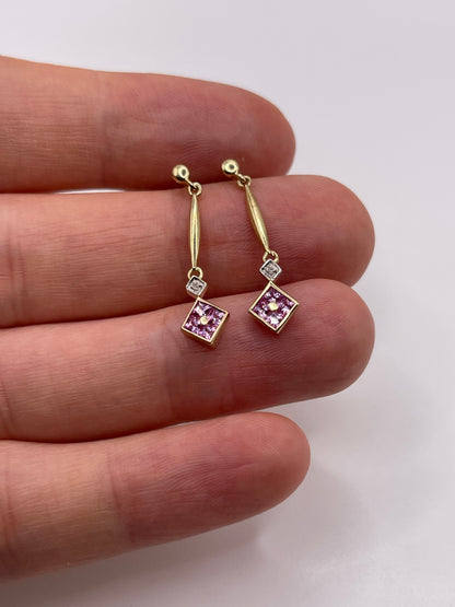 9ct gold pink sapphire and diamond earrings