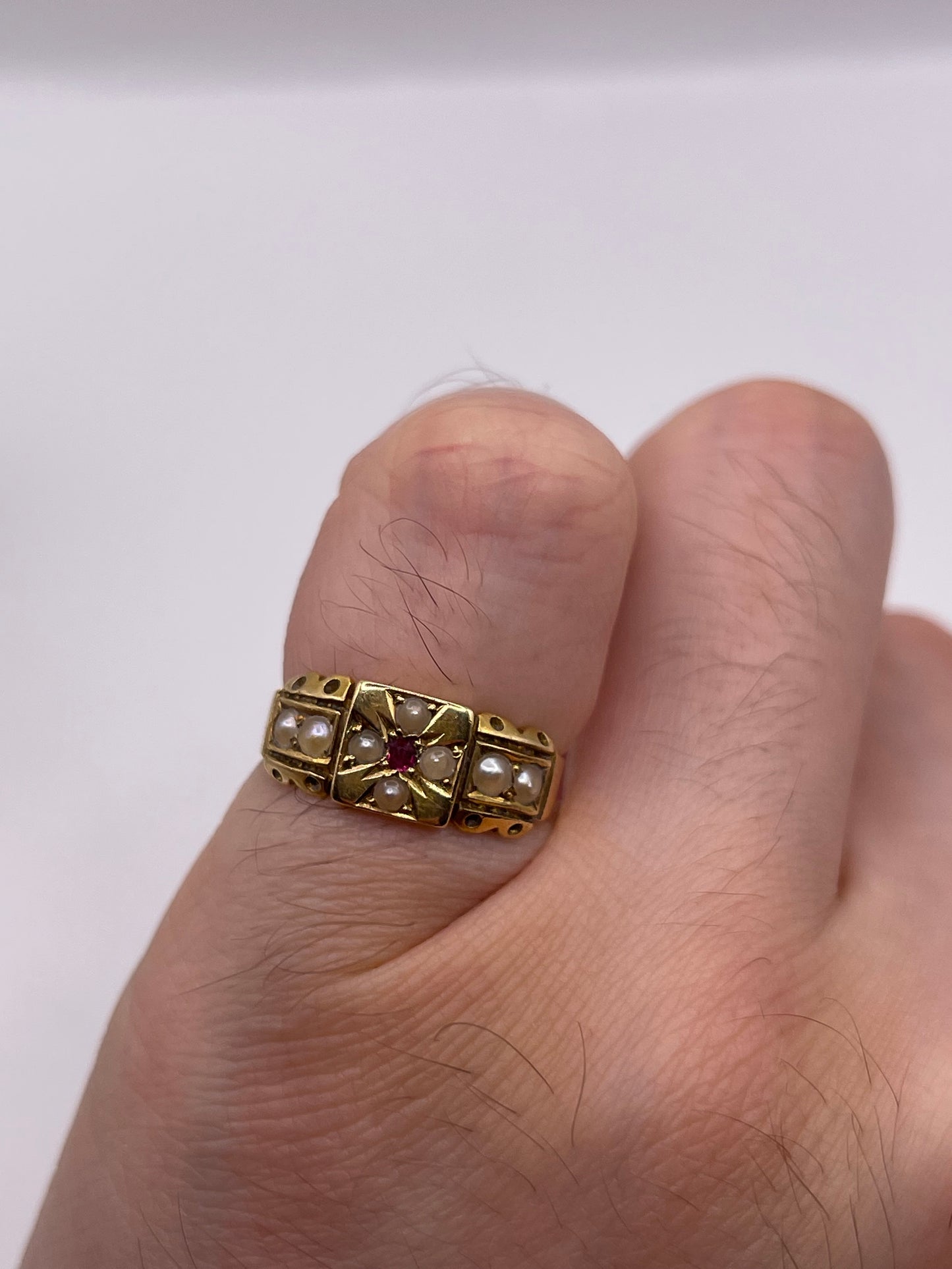Antique 18ct gold ruby and pearl ring
