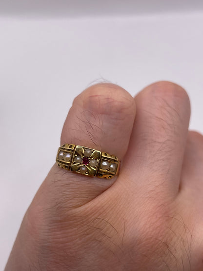 Antique 18ct gold ruby and pearl ring