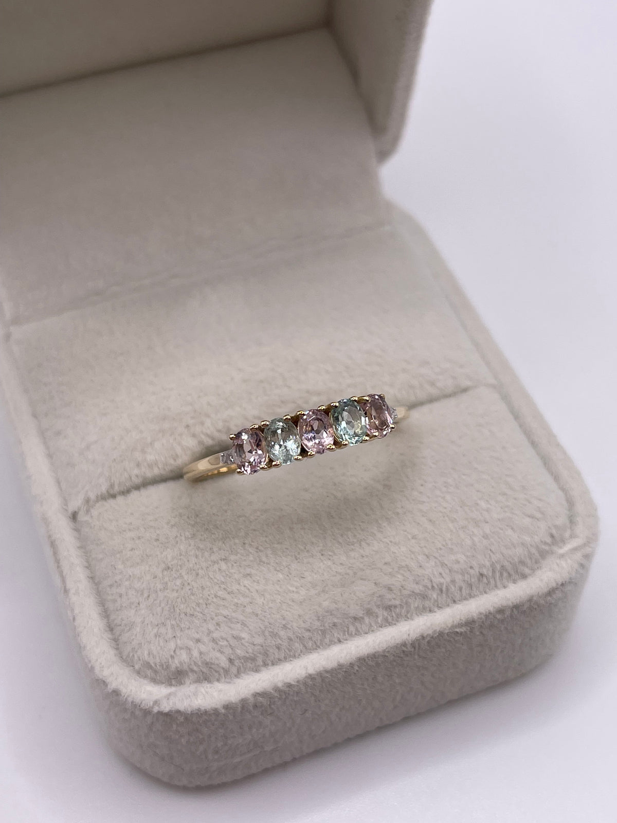 9ct gold kunzite, aquamarine and diamond ring