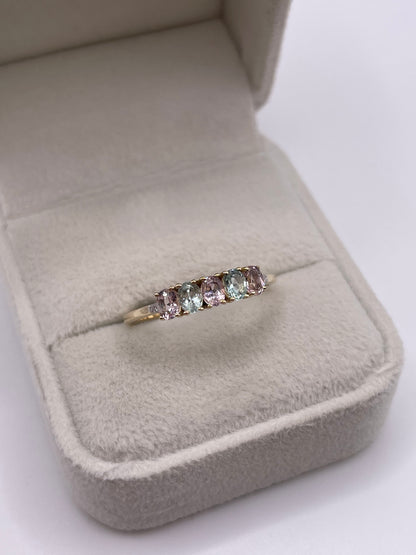 9ct gold kunzite, aquamarine and diamond ring