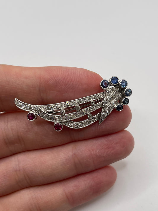 Platinum Ruby, sapphire and diamond brooch
