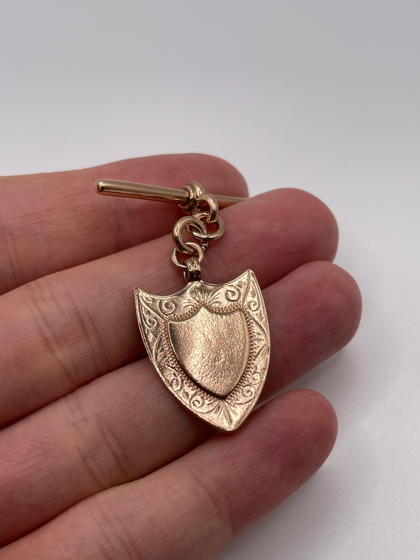 9ct rose gold shield fob and T bar pendant