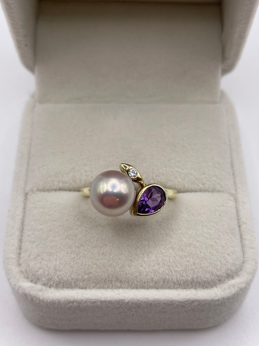 9ct gold amethyst, pearl and diamond ring
