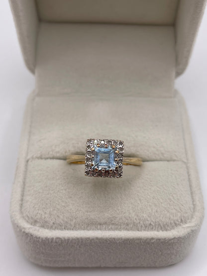 9ct gold aquamarine and diamond ring