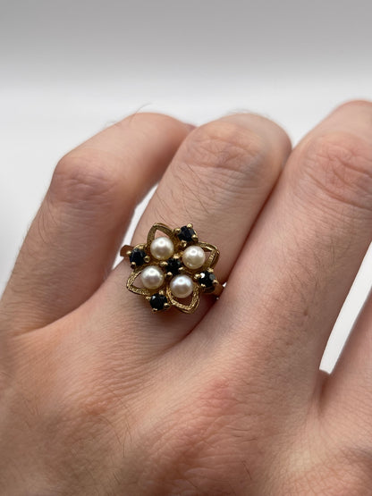 Heavy 9ct gold pearl and sapphire ring