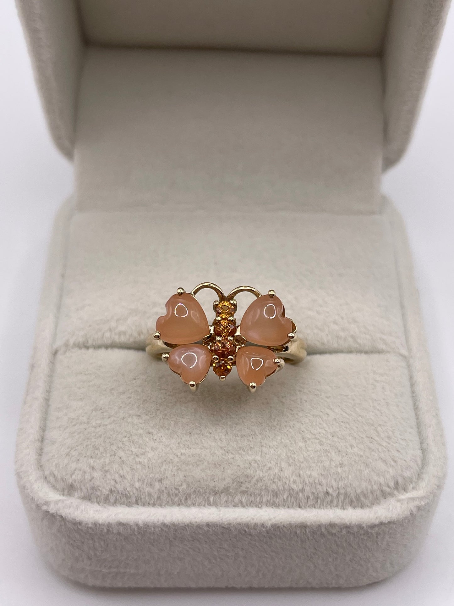 9ct gold peach moonstone and citrine butterfly ring