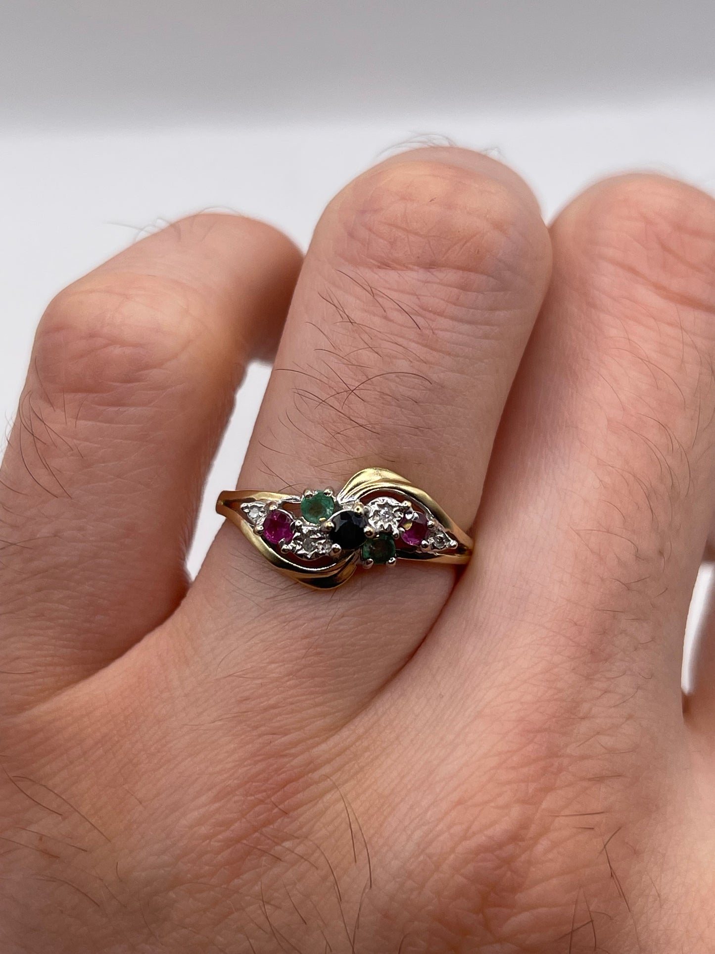 9ct gold sapphire, ruby, emerald and diamond ring