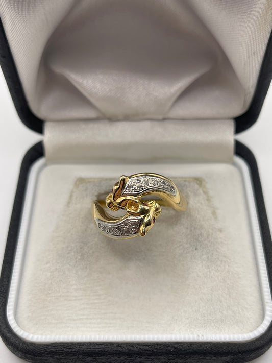 18ct gold ruby and diamond double panther ring
