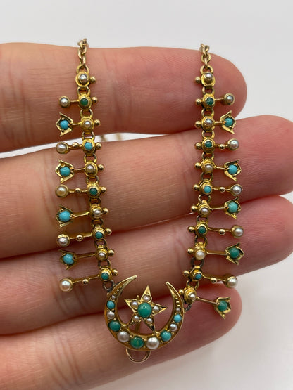 Antique 15ct gold turquoise and pearl necklace