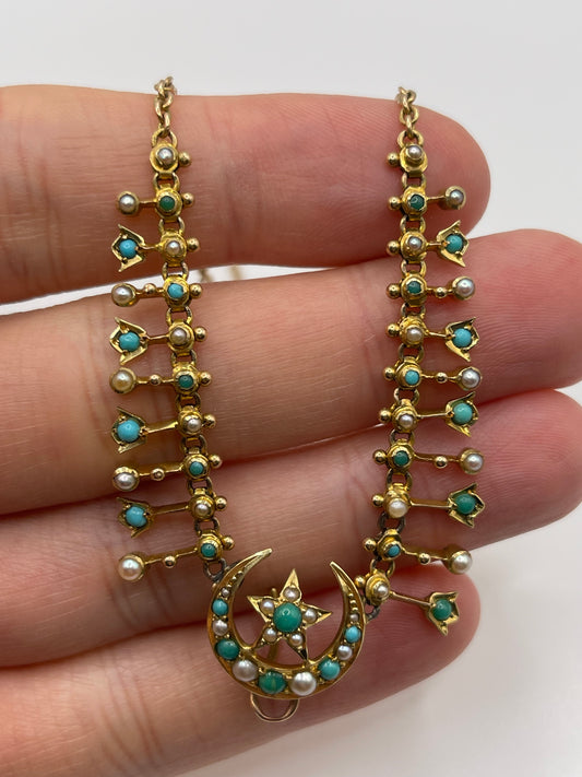 Antique 15ct gold turquoise and pearl necklace
