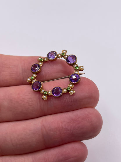 Antique 15ct gold demantoid garnet, amethyst and pearl brooch.. suffragette