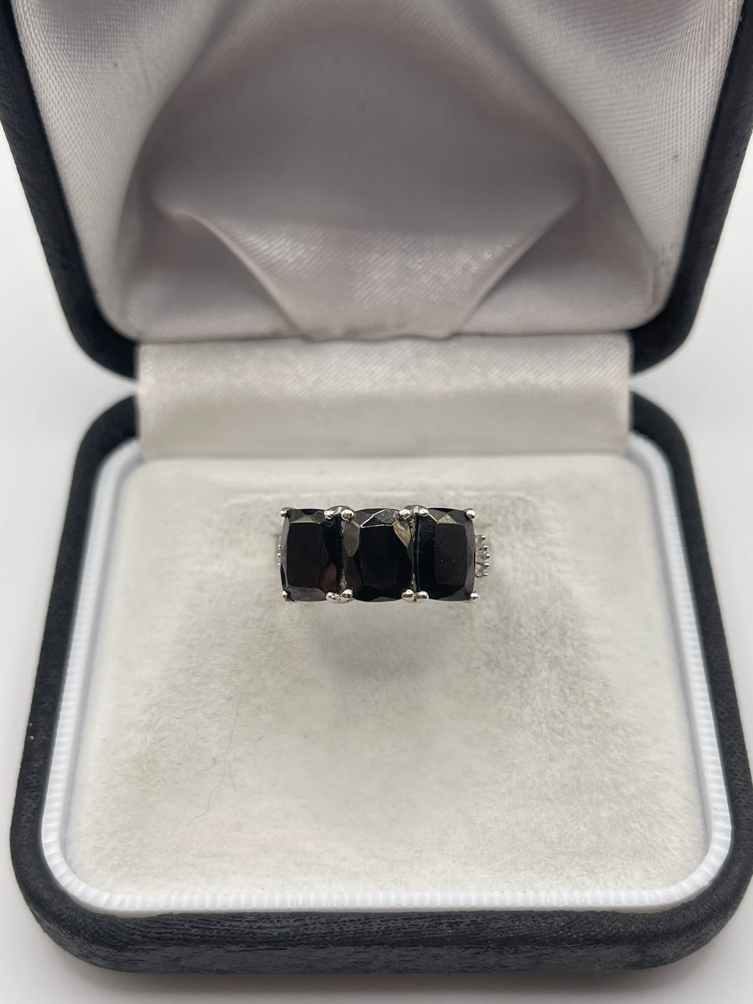 Silver black spinel and diamond ring