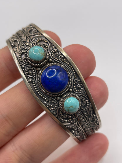 Silver lapis and turquoise bangle