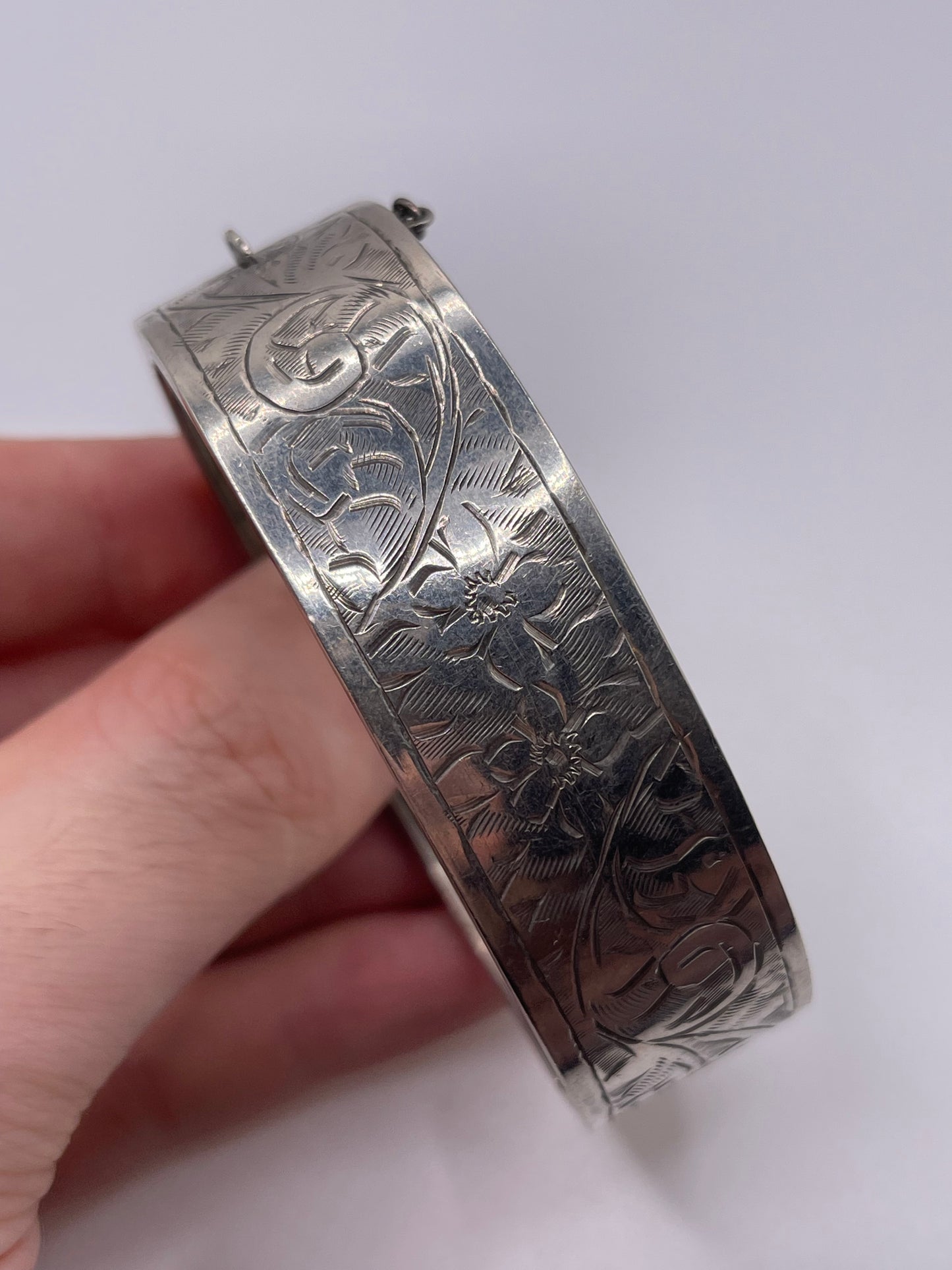 Engraved silver bangle
