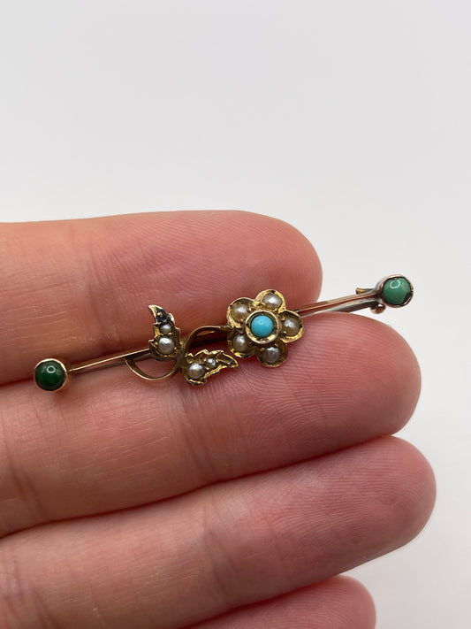 Antique 9ct gold turquoise and pearl brooch