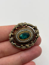 Load image into Gallery viewer, Antique 15ct gold emerald paste and pearl brooch
