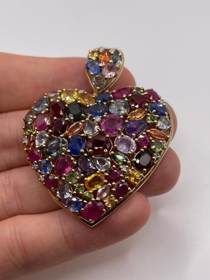 Huge 9ct gold multi coloured sapphire heart pendant