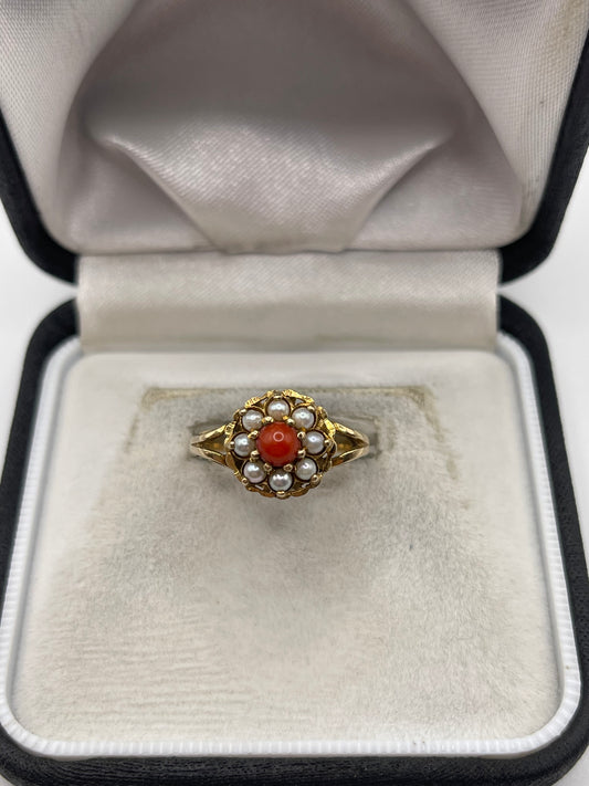 9ct gold coral and pearl ring