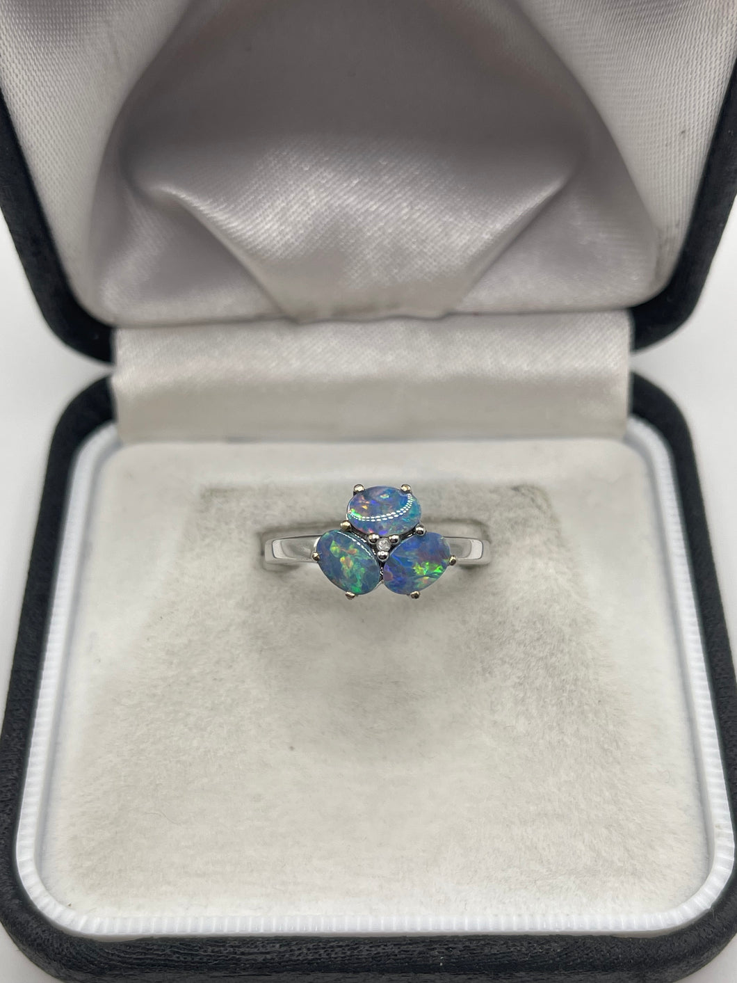 Silver black opal and diamond ring