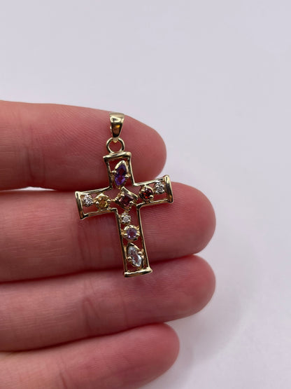 9ct gold multi gemstone and diamond cross pendant