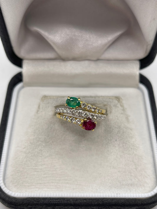 18ct gold emerald, ruby and diamond ring