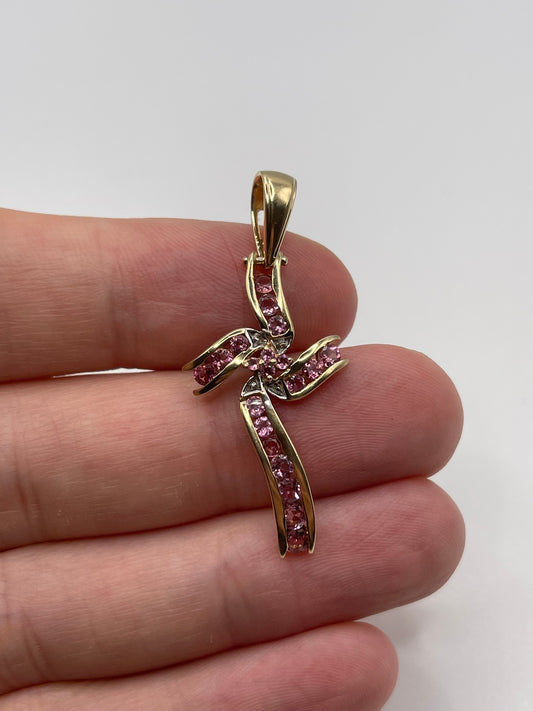 9ct gold pink topaz and diamond cross pendant