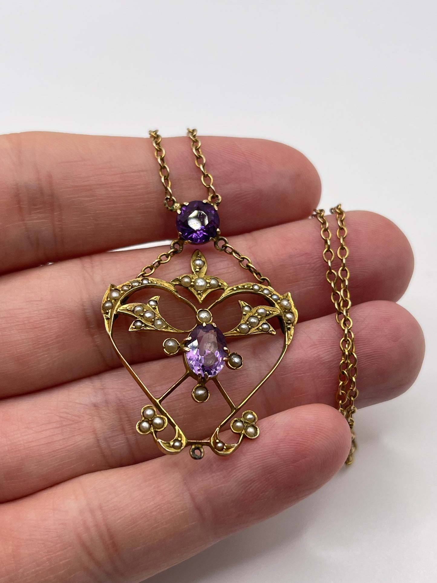 Antique 9ct gold amethyst and pearl necklace