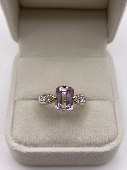 9ct gold kunzite, diamond and zircon ring