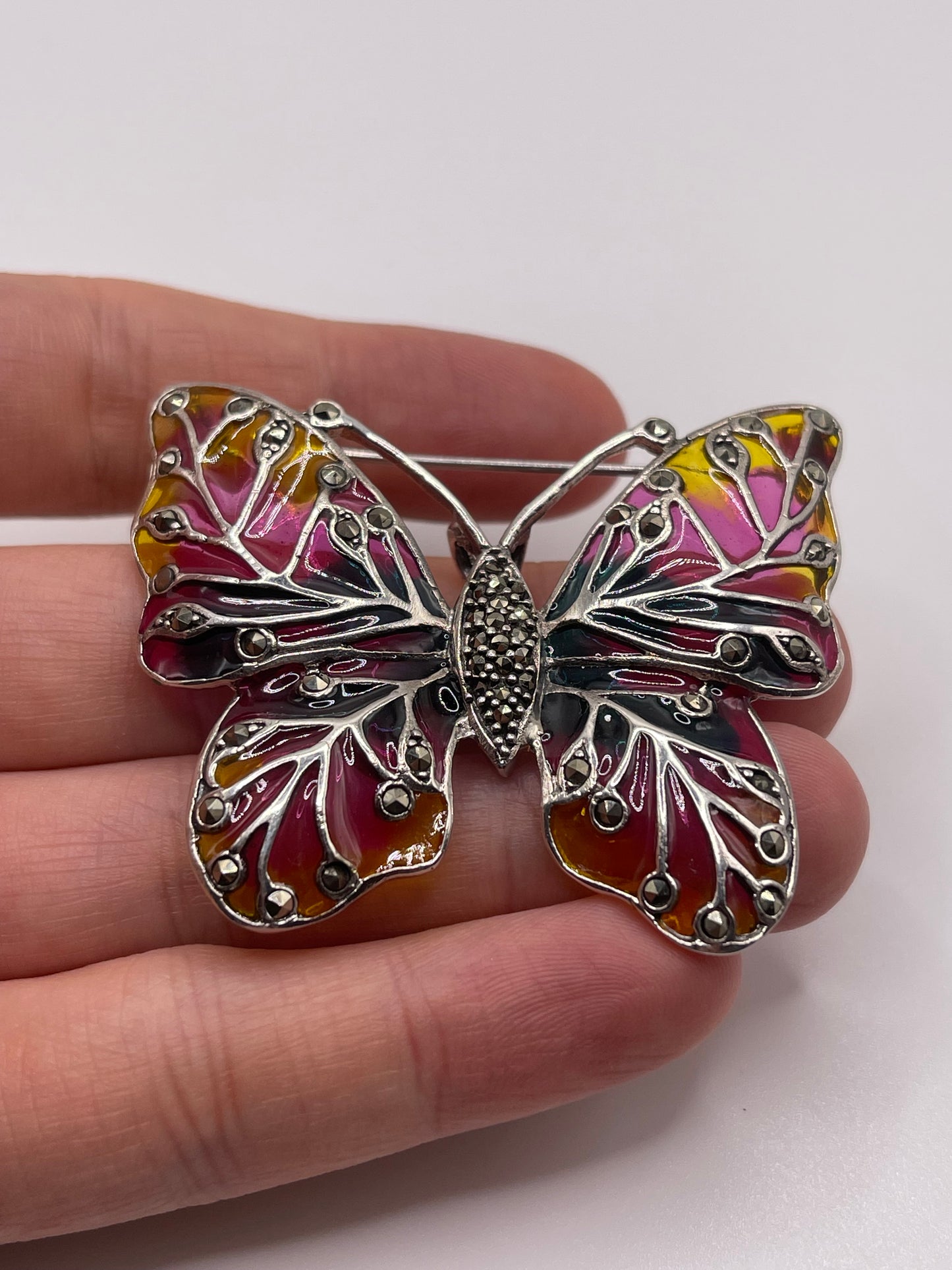 Silver enamel and marcasite butterfly pendant/brooch