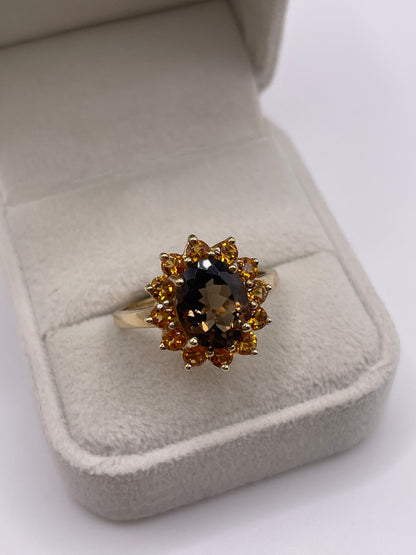 9ct gold Smokey quartz and citrine ring