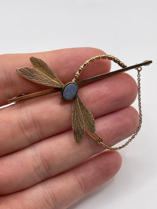 Antique 9ct rose gold opal dragonfly brooch