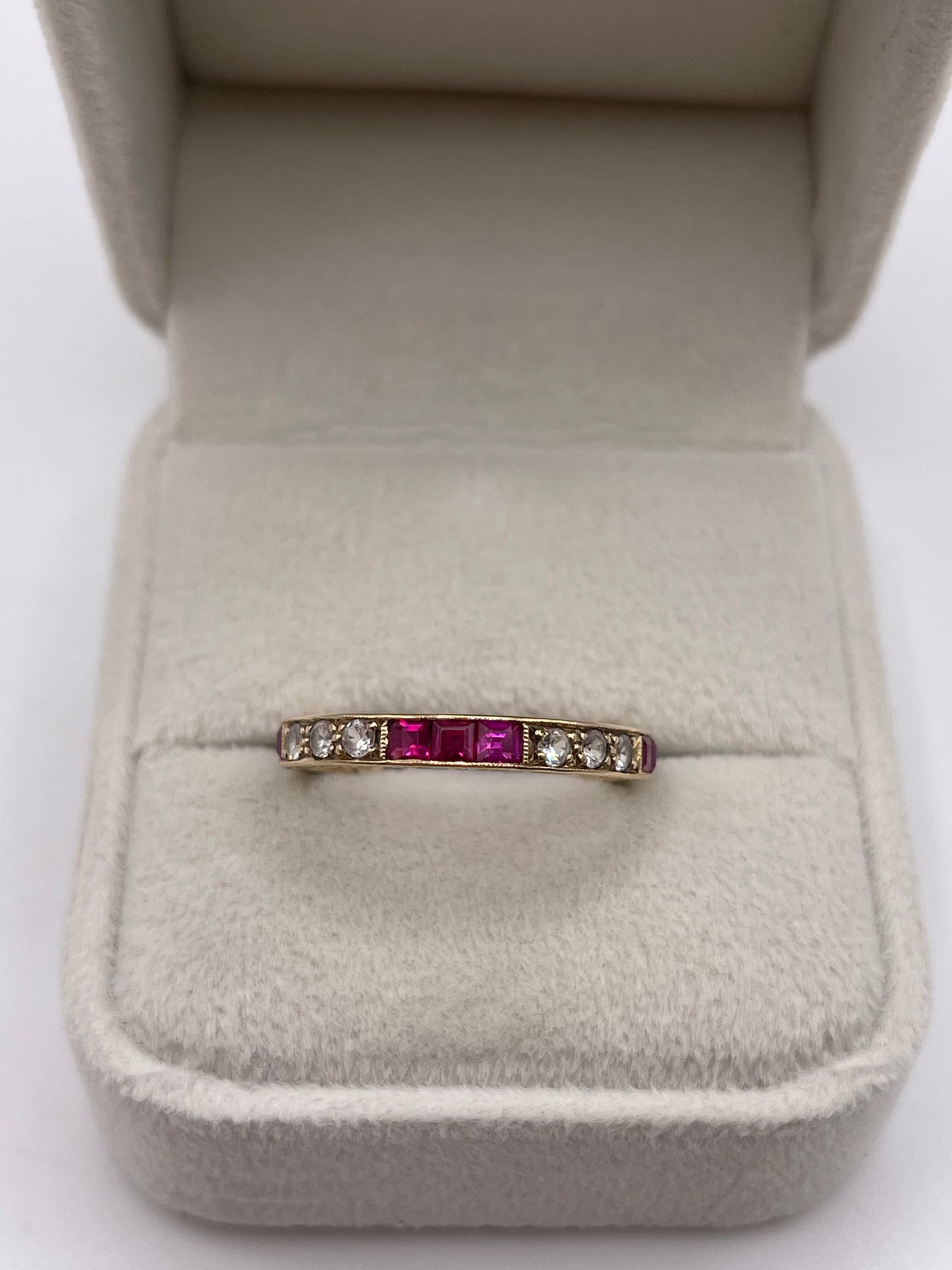 Antique 9ct gold synthetic ruby and paste eternity ring