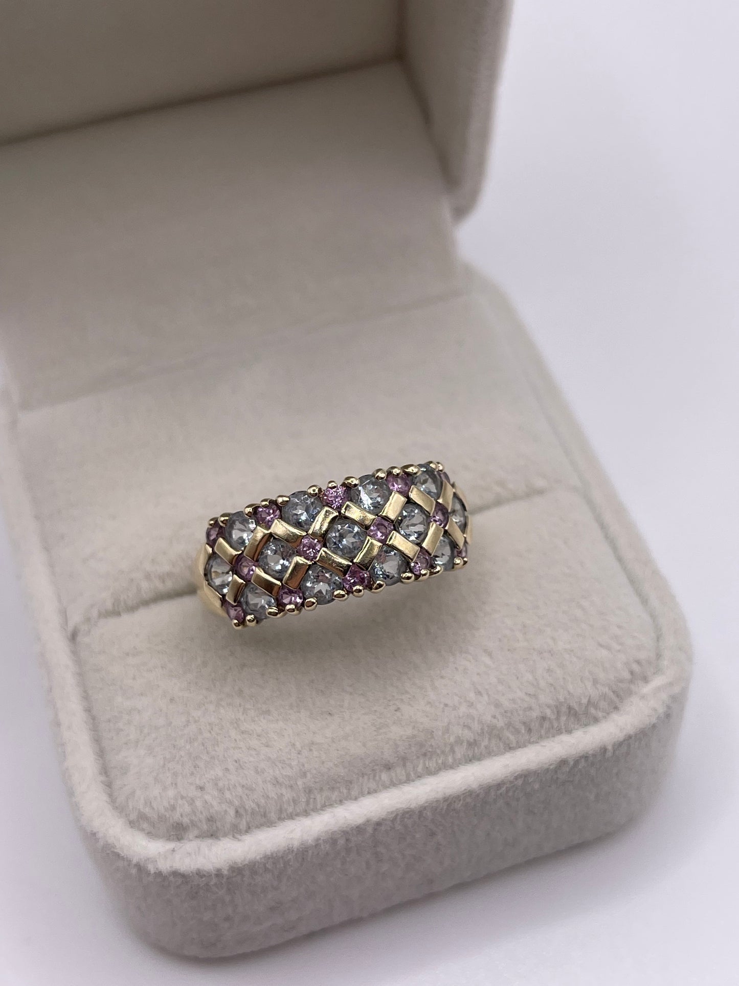 9ct gold aquamarine and pink topaz ring