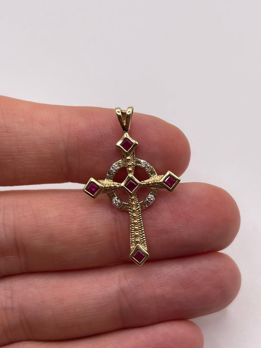 9ct gold ruby and diamond cross pendant