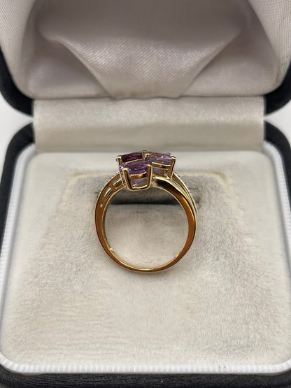 9ct gold garnet, amethyst and diamond ring