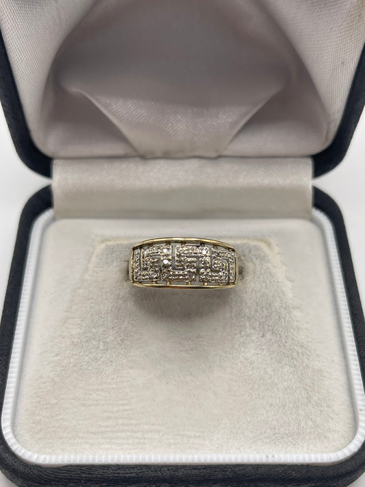 9ct gold diamond Greek key ring