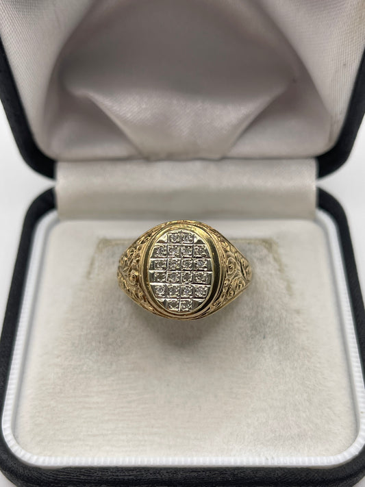 Heavy 9ct gold diamond signet ring