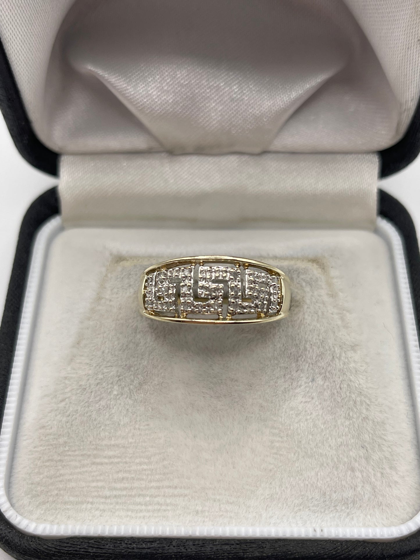 9ct gold diamond Greek key ring