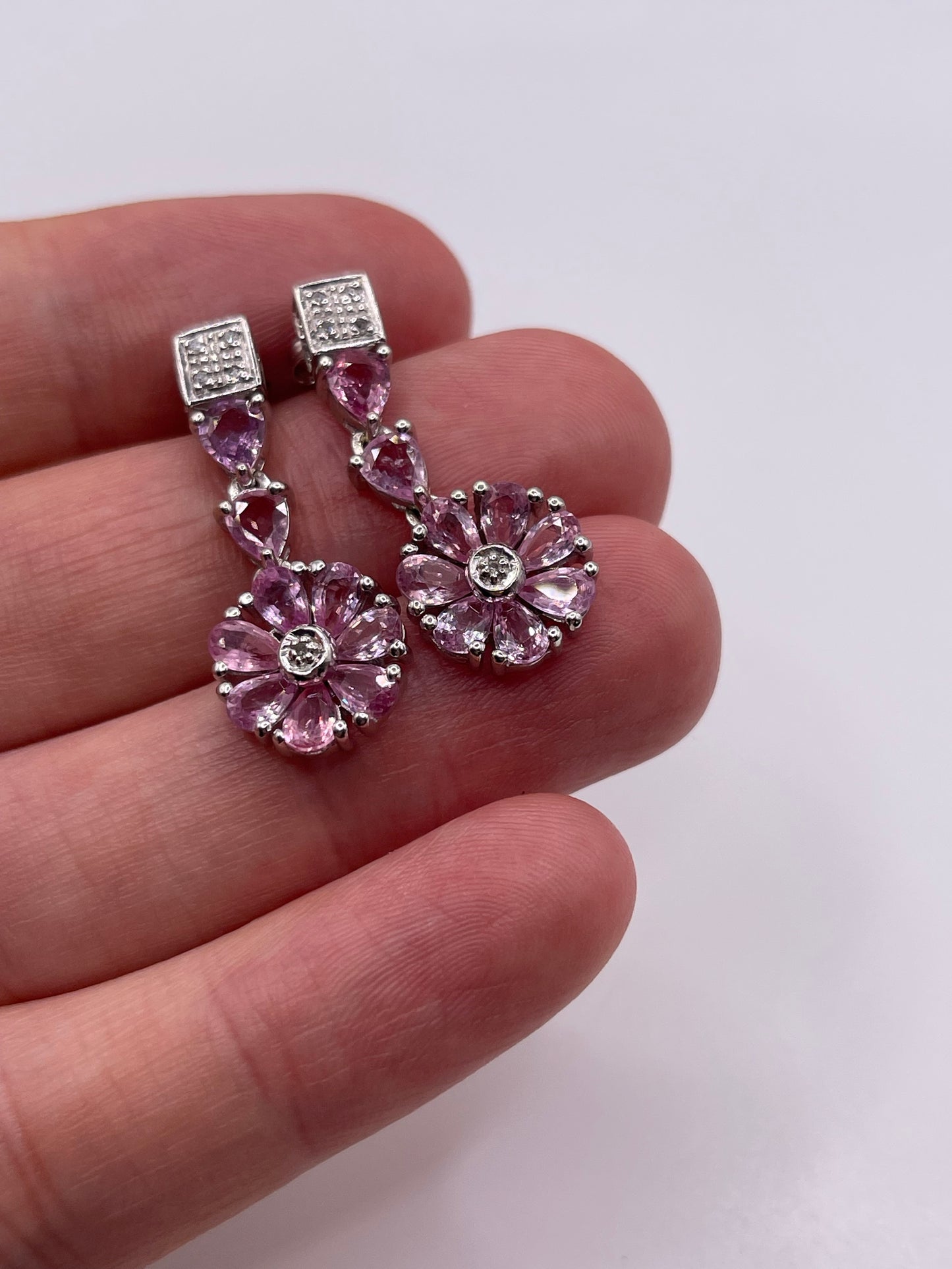 9ct white gold pink sapphire and diamond earrings